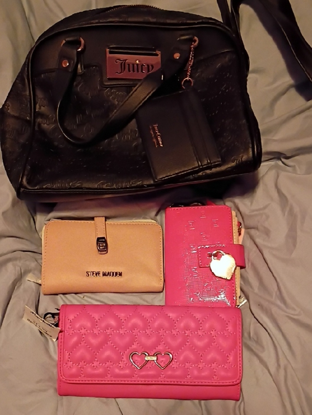 Juicy Couture Black Embossed Satchel with Pink Quilted Wallet